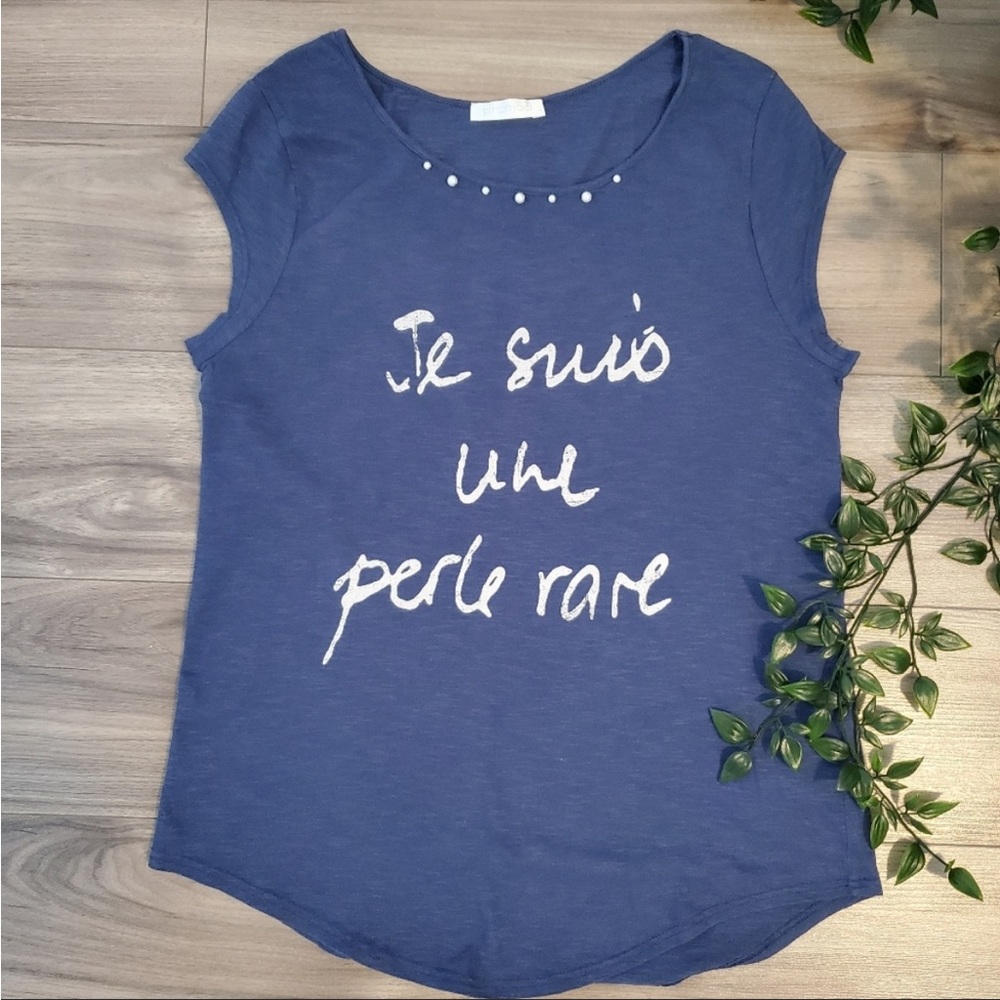 3/$20 Promod Blue French Quote Pearl Detail T-Shirt